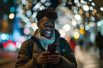 Smiling young black man using a smart phone, in winter clothes at night in the city