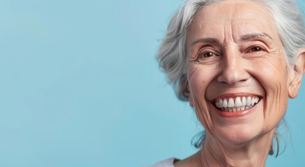 A happy old woman with a bright smile after a denture prosthesis operation. Dental surgery at a medical clinic or dentist.