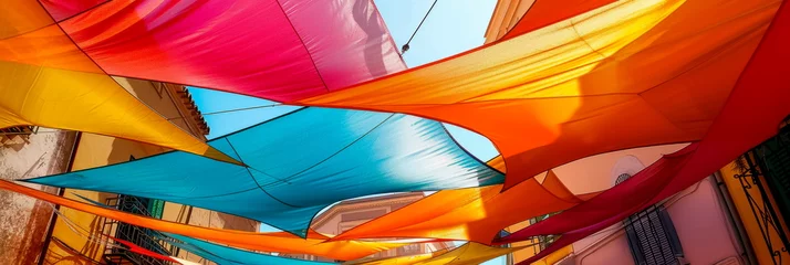 Foto op Aluminium shade sails suspended over the street, adding a splash of color while protecting against the sun. © Maximusdn