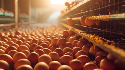 Work process of collecting eggs on a poultry farm. - obrazy, fototapety, plakaty