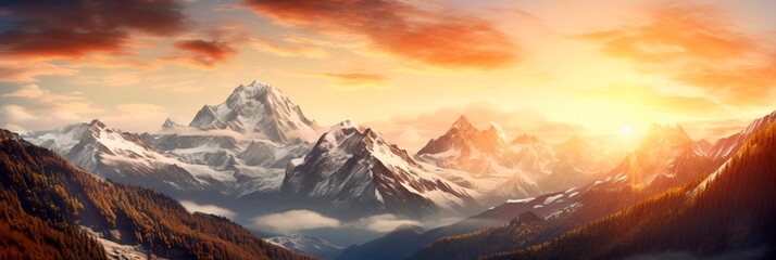 Mountain Sunrise of a natural scenic panorama featuring a breathtaking sunrise over majestic mountains. - obrazy, fototapety, plakaty