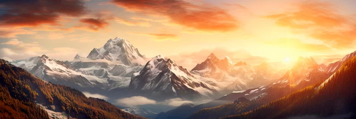 Deurstickers Mountain Sunrise of a natural scenic panorama featuring a breathtaking sunrise over majestic mountains. © Maximusdn