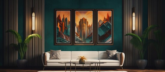 A cozy living room featuring a comfortable couch and two elegant paintings hanging on the wall