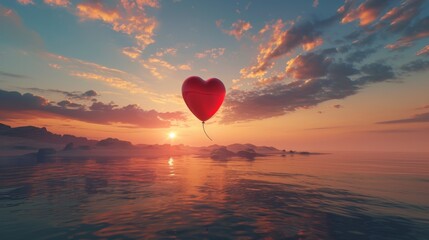 Fototapeta premium A realistic red heart-shaped balloon is suspended in the air, gently swaying with the breeze. The balloon stands out against the clear blue sky, creating a simple yet striking scene.