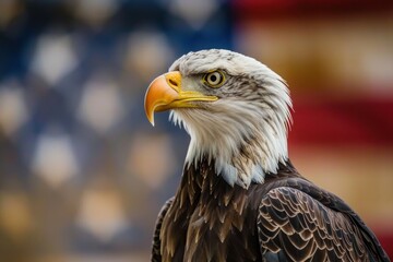 Obraz premium Majestic Bald Eagle Portrait Against American Flag - A Symbol of Freedom - Generative AI