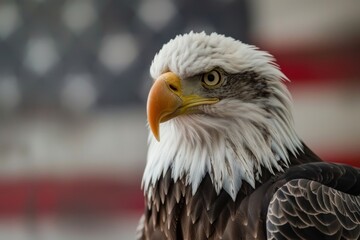 Majestic Bald Eagle Portrait Against American Flag - A Symbol of Freedom - Generative AI