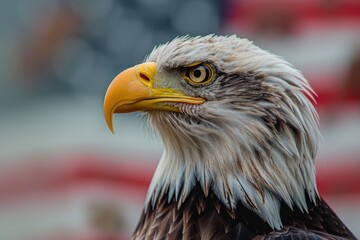 Majestic Bald Eagle Portrait Against American Flag - A Symbol of Freedom - Generative AI