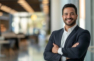 Fototapeta premium Smiling businessman in the office. Portrait of a happy business owner or entrepreneur in a suit.