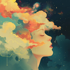 Conceptual illustration: daydream, girl with her head in the clouds, imagination running away with you.
