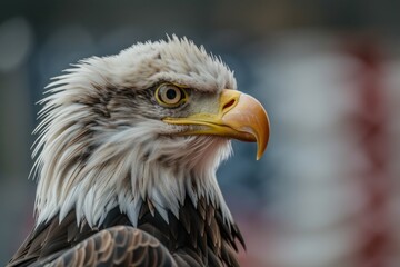 Obraz premium Majestic Bald Eagle Portrait Against American Flag - A Symbol of Freedom - Generative AI