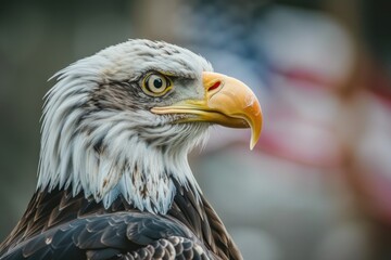 Fototapeta premium Majestic Bald Eagle Portrait Against American Flag - A Symbol of Freedom - Generative AI