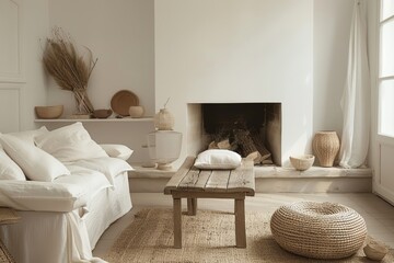 Light interior in Scandinavian style. Cozy living room with a fireplace and modern furniture.