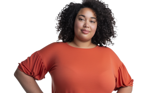 A radiant plus-size woman, her natural beauty and charm shining through, captured in stunning high definition against a transparent white background