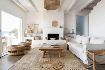 Light interior in Scandinavian style. Cozy living room with a fireplace and modern furniture.