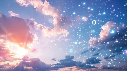 Sky is filled with Internet social network icons numerous bubbles floating gracefully in the air, creating a whimsical and captivating sight as they gently drift along. - obrazy, fototapety, plakaty