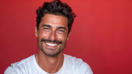 Obraz premium Warm Smile, Modern Style: Man in White Tee Radiates Against Red Generative AI