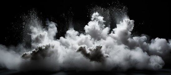 An abstract image of a cloud of white smoke against a dark black background, creating a contrast in colors and texture - obrazy, fototapety, plakaty