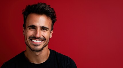 Obraz premium Warm Smile, Modern Style: Man in White Tee Radiates Against Red Generative AI