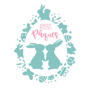 Carte de Joyeuses Pâques en français - Joyeuses Paques écrivent. Vecteur illustration avec calligraphie - turquoise