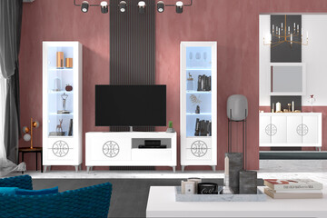 Modern living room interior design with minimalist trend furniture, vintage style, augmented reality, mockup,