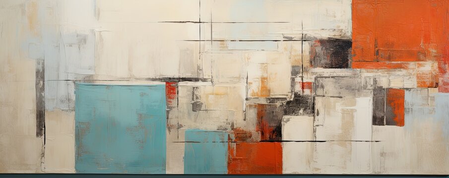 Teal and red painting, in the style of orange and beige, luxurious geometry, puzzle-like pieces