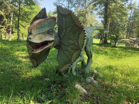 Bled, Slovenia, 16 JULY 2023: Dinosaur Park - beautiful dinosaurs in the forest 