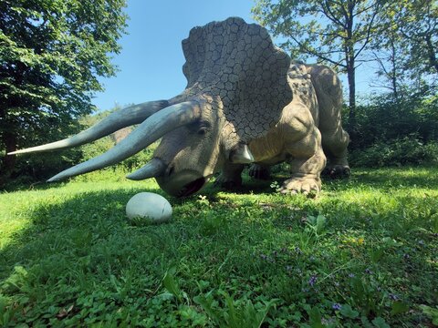 Bled, Slovenia, 16 JULY 2023: Dinosaur Park - beautiful dinosaurs in the forest 