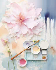 background with watercolor stains of flowers and paints - 764739447