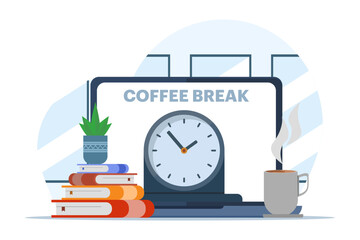 concept of coffee break, work break, health benefits of body, mind and emotions, thought process, start and idea search vector, flat vector illustration on white background.