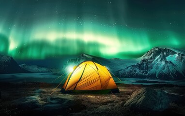 A glowing yellow camping tent under a beautiful green northern lights aurora