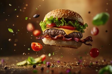 Delicious hamburger with flying ingredients on wooden table 