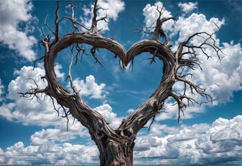 A dead tree with a heart shape in the sky with clouds.