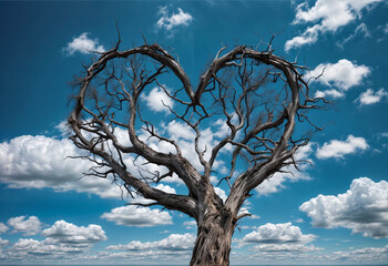 A dead tree with a heart shape in the sky with clouds.