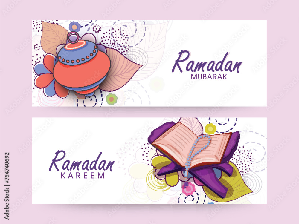 Poster Website header and banner set with colourful arabic lantern and Islamic religious book Quran Shareef for holy month of prayers, Ramadan Kareem celebrations.