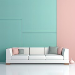 White l shaped couch isolated on blue wallpaper