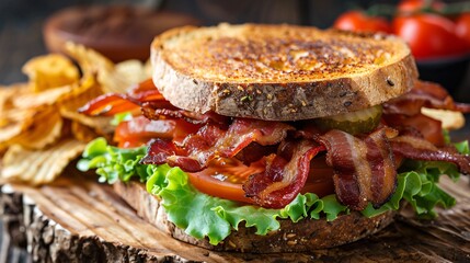 A classic BLT sandwich with crispy bacon juicy tomato slices crisp lettuce and a slather of creamy mayonnaise served on toasted sourdough bread with a side of potato chips