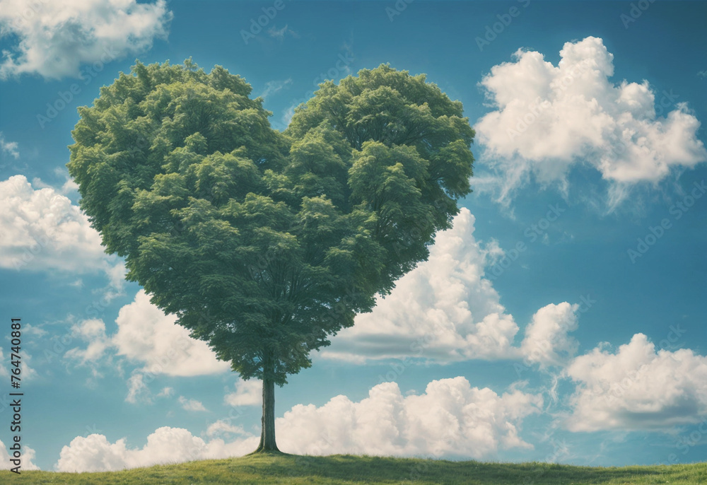 Poster a tree with a heart shape in the sky with clouds.