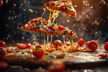 Pizza slice with flying ingredients, close-up. Restaurant menu concept - obrazy, fototapety, plakaty