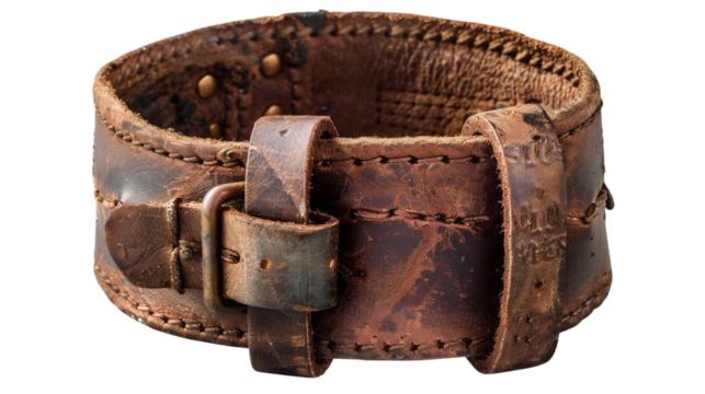 A rugged leather wristband, weathered and worn with character, telling stories of adventures past and adventures yet to come.