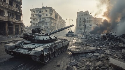 A destroyed city street shows the aftermath of conflict, with debris scattered everywhere. In the middle of the chaos, a tank stands as a powerful symbol of warfare. - obrazy, fototapety, plakaty