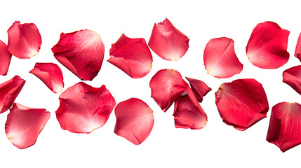 Top view of row of rose petals randomly scattered on the surface isolated on a cutout PNG transparent background