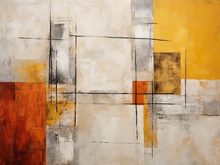 Yellow and red painting, in the style of orange and beige, luxurious geometry, puzzle-like pieces