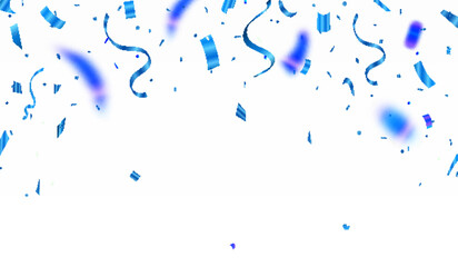 Celebration confetti vector. Shiny glossy blue paper pieces fly and scatter around. Best surprise burst for festive, carnival, casino, party, birthday and anniversary decoration. ads. etc. - obrazy, fototapety, plakaty