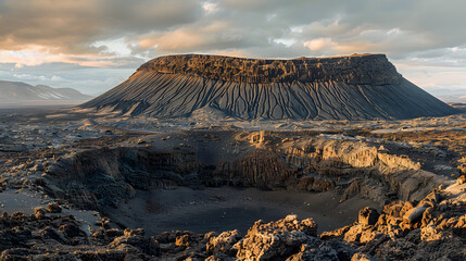 A volcanic landscape, with rugged terrain as the background, during a dormant phase