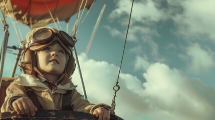 A young boy is seen wearing a helmet and goggles while riding a colorful hot air balloon in the sky. He looks excited and adventurous as he takes in the aerial view.