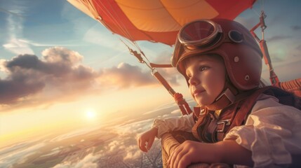 A young boy wearing a helmet and goggles is standing in a hot air balloon, looking out at the surrounding scenery. - Powered by Adobe