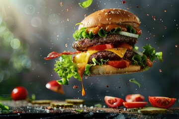 Delicious hamburger with flying ingredients on wooden table 