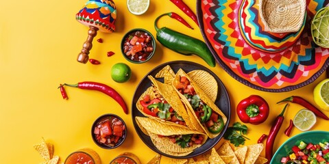 Cinco de Mayo flat lay on a bright yellow backdrop. AI Generated