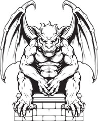 Fototapeta premium Ancient Watcher Vector Logo and Design Featuring Gargoyle Full Body Statue Winged Sentinel Vector Icon of Gargoyle Full Body Statue