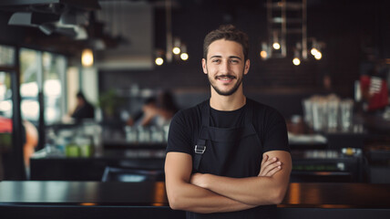 Portrait of a man barista in black t-shirt and apron behind counter in cafe.

 - obrazy, fototapety, plakaty
